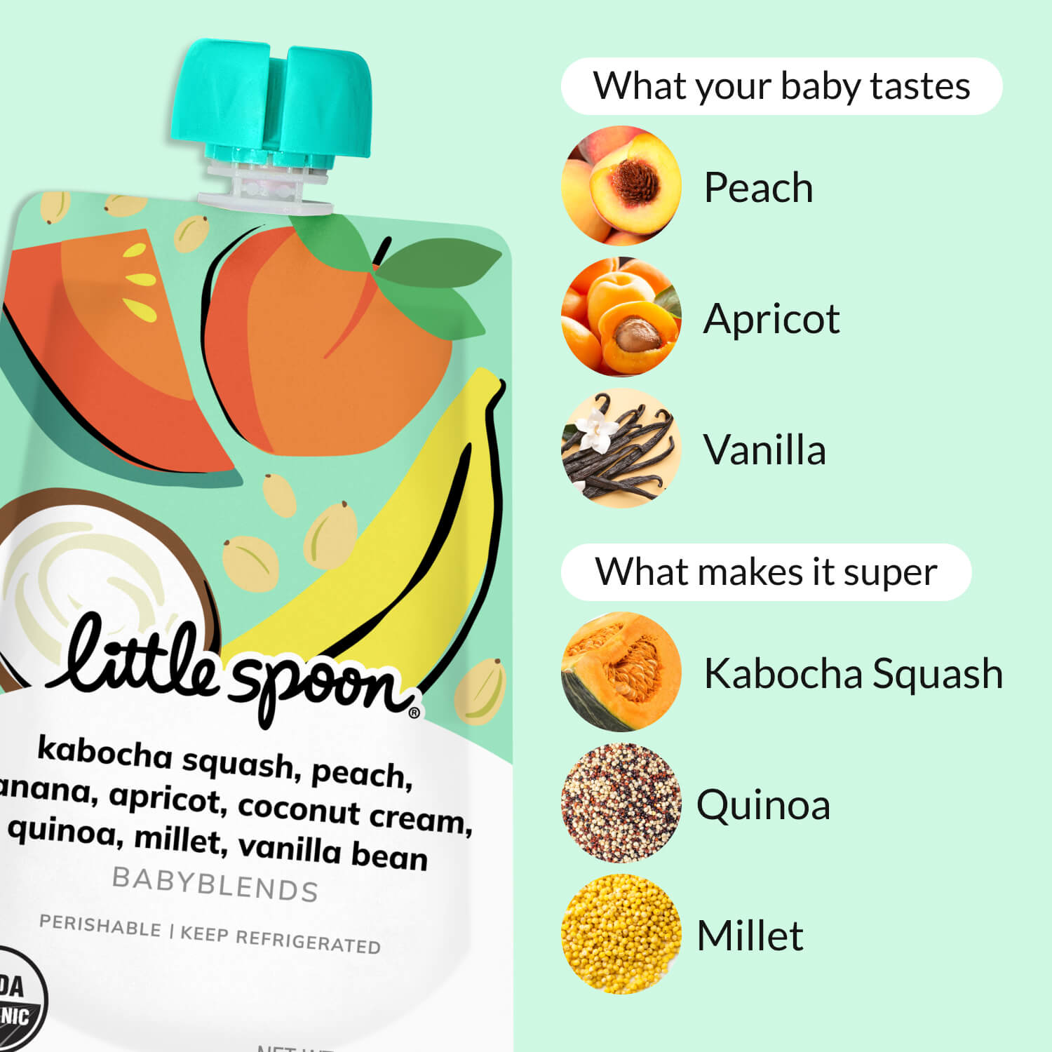 Babyblend Pouch with text showing ingredients: peach, apricot, vanilla, kabocha squash, quinoa, and millet