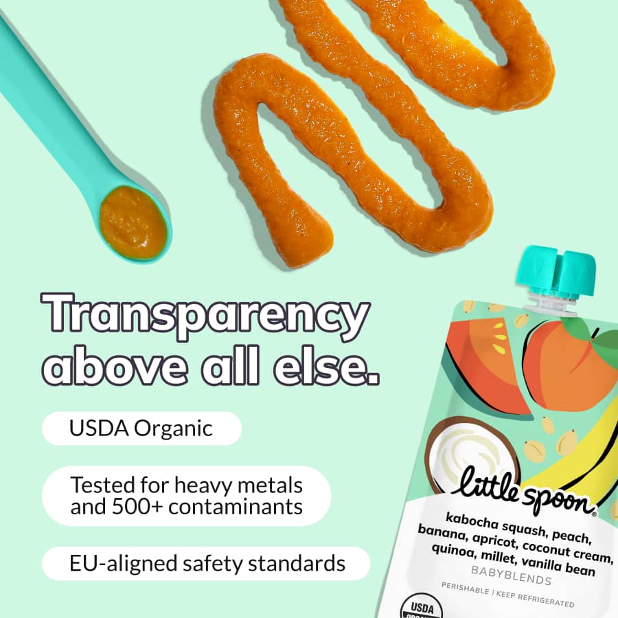 Babyblend Pouch with dark orange puree and spoon on mint background; text: ‘Transparency above all else' and testing details.