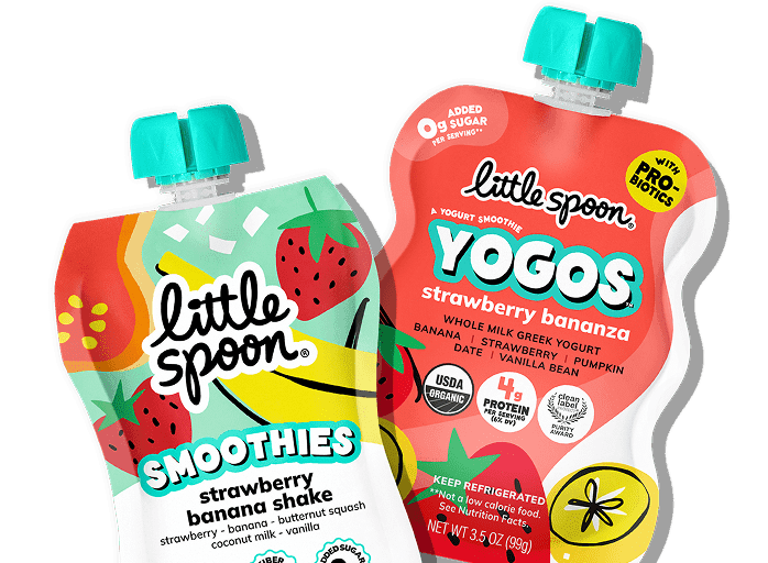 A Little Spoon Strawberry Bananza YoGo and a Strawberry Banana Shake Smoothie.