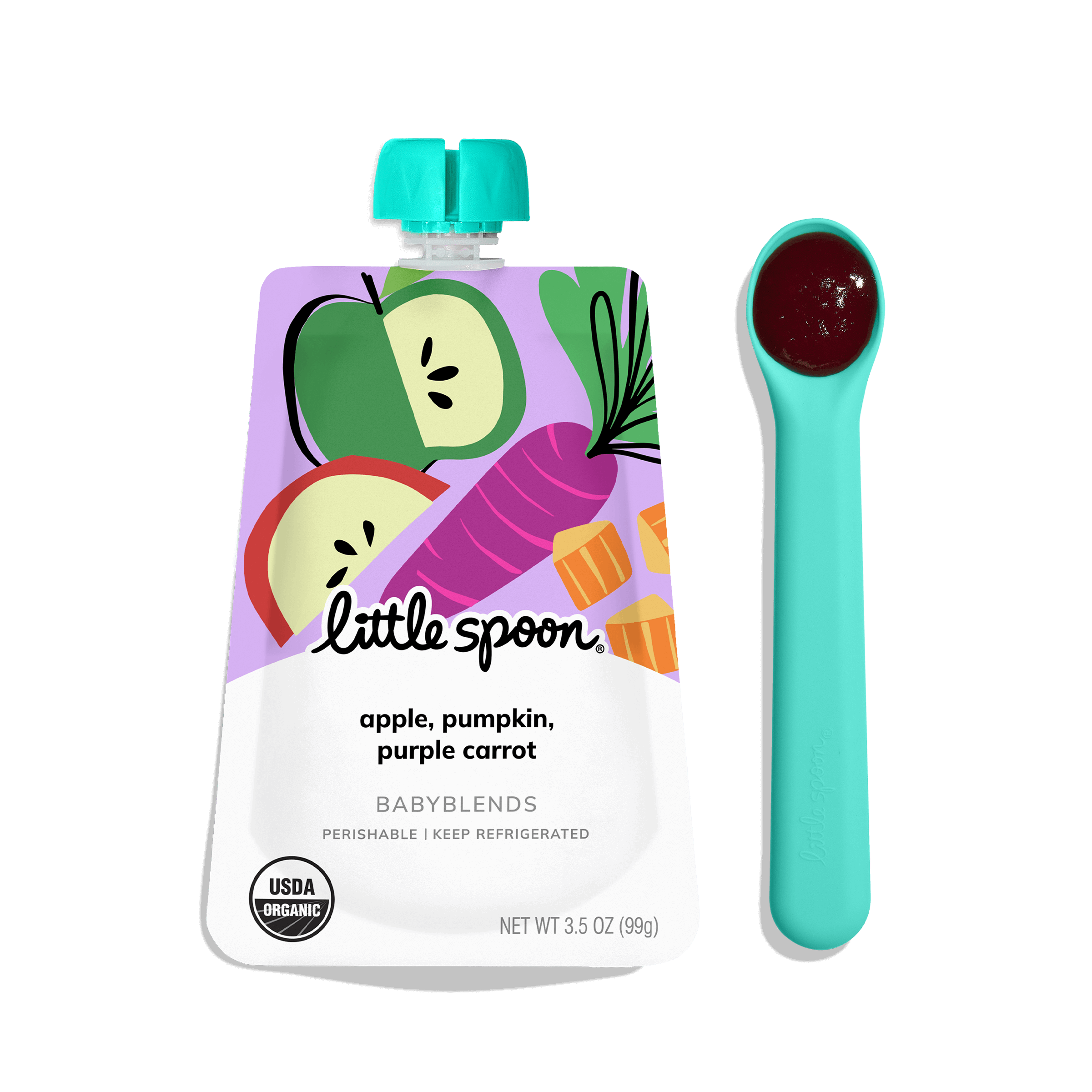 Little Spoon Apple, Pumpkin, Purple Carrot Babyblends Pouch shown beside ergonomically designed blue spoon with dark puree.