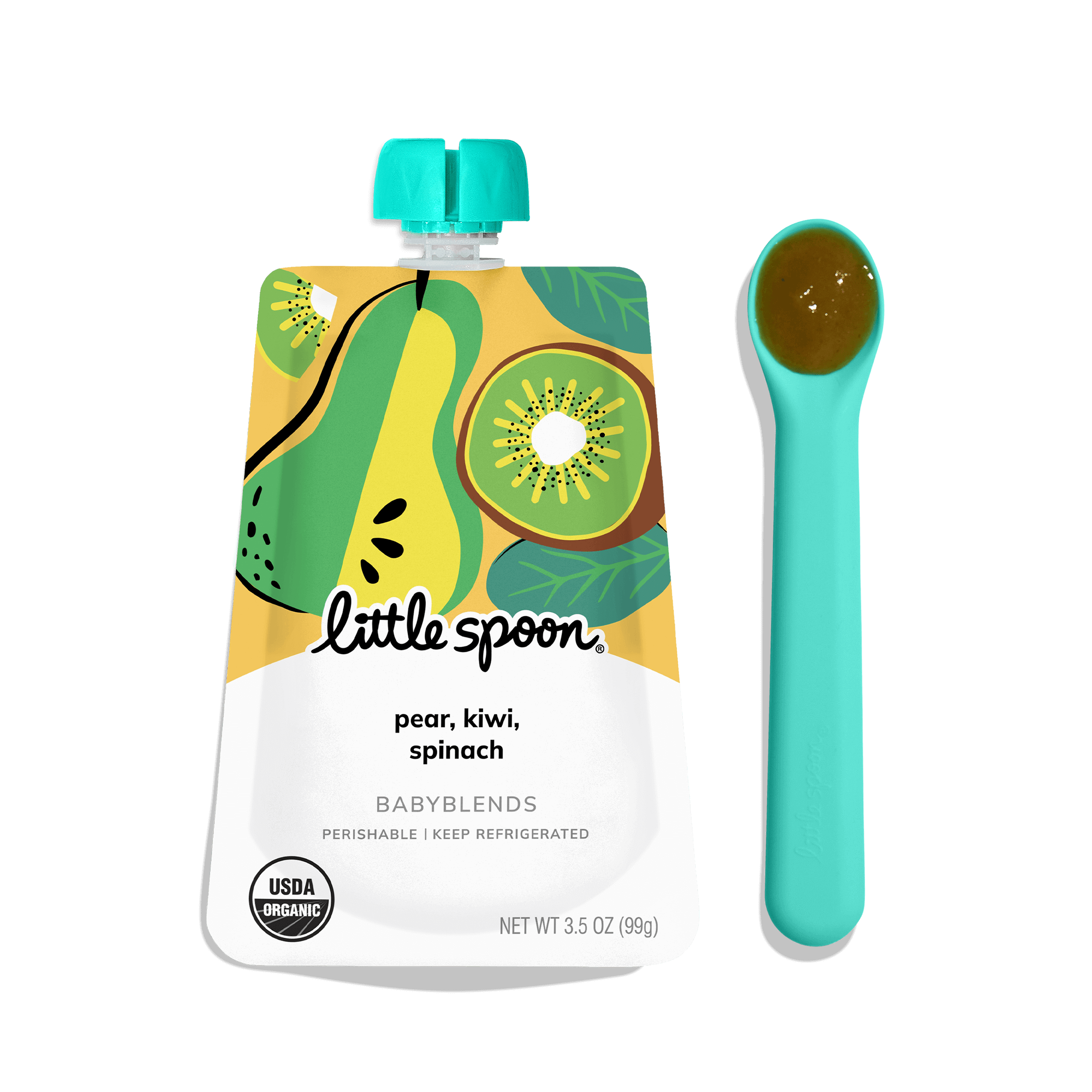 Little Spoon Pear, Kiwi, Spinach Babyblend Pouch shown beside ergonomically designed blue spoon with olive green puree.