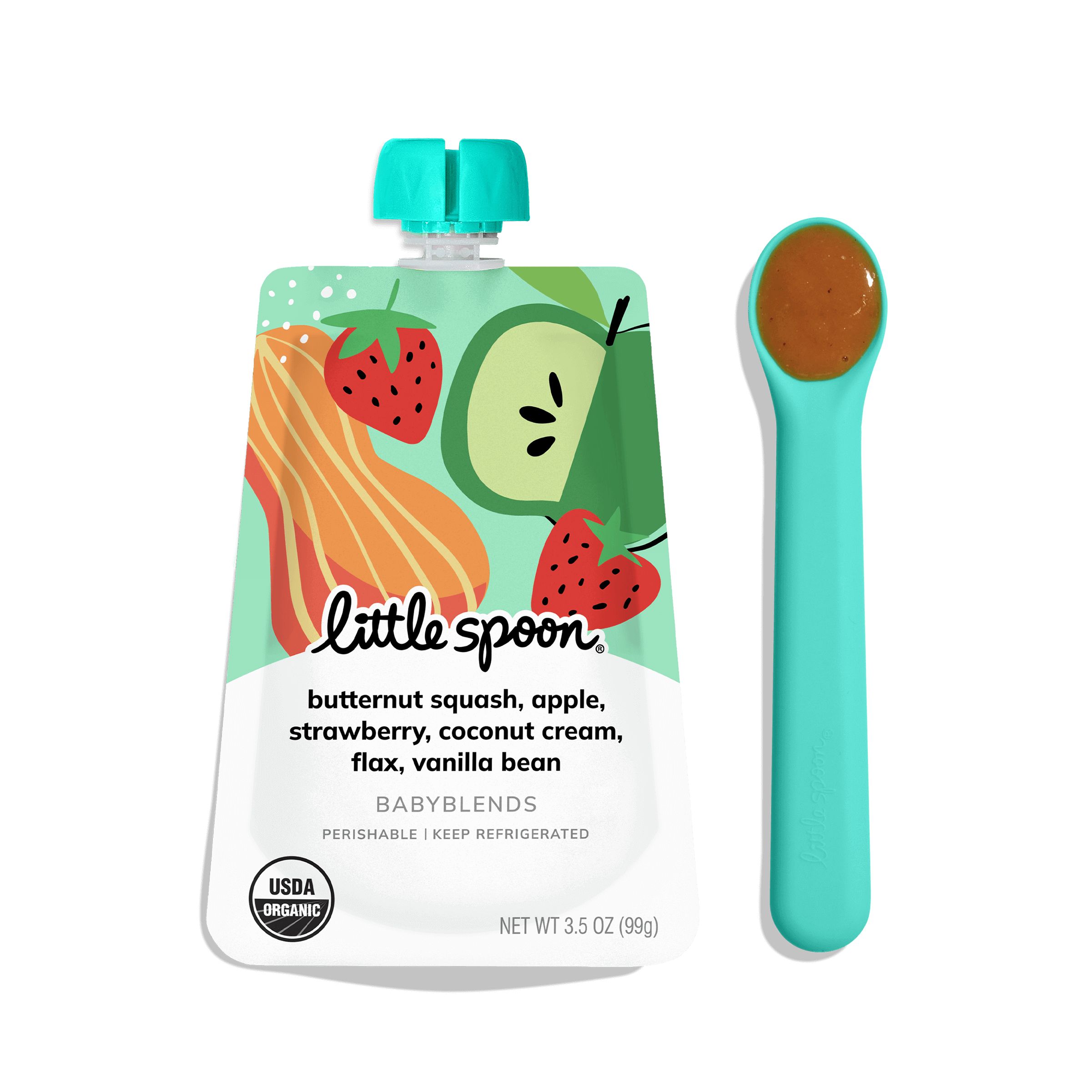 Little Spoon Babyblend Pouch shown beside ergonomically designed blue spoon with dark amber puree.