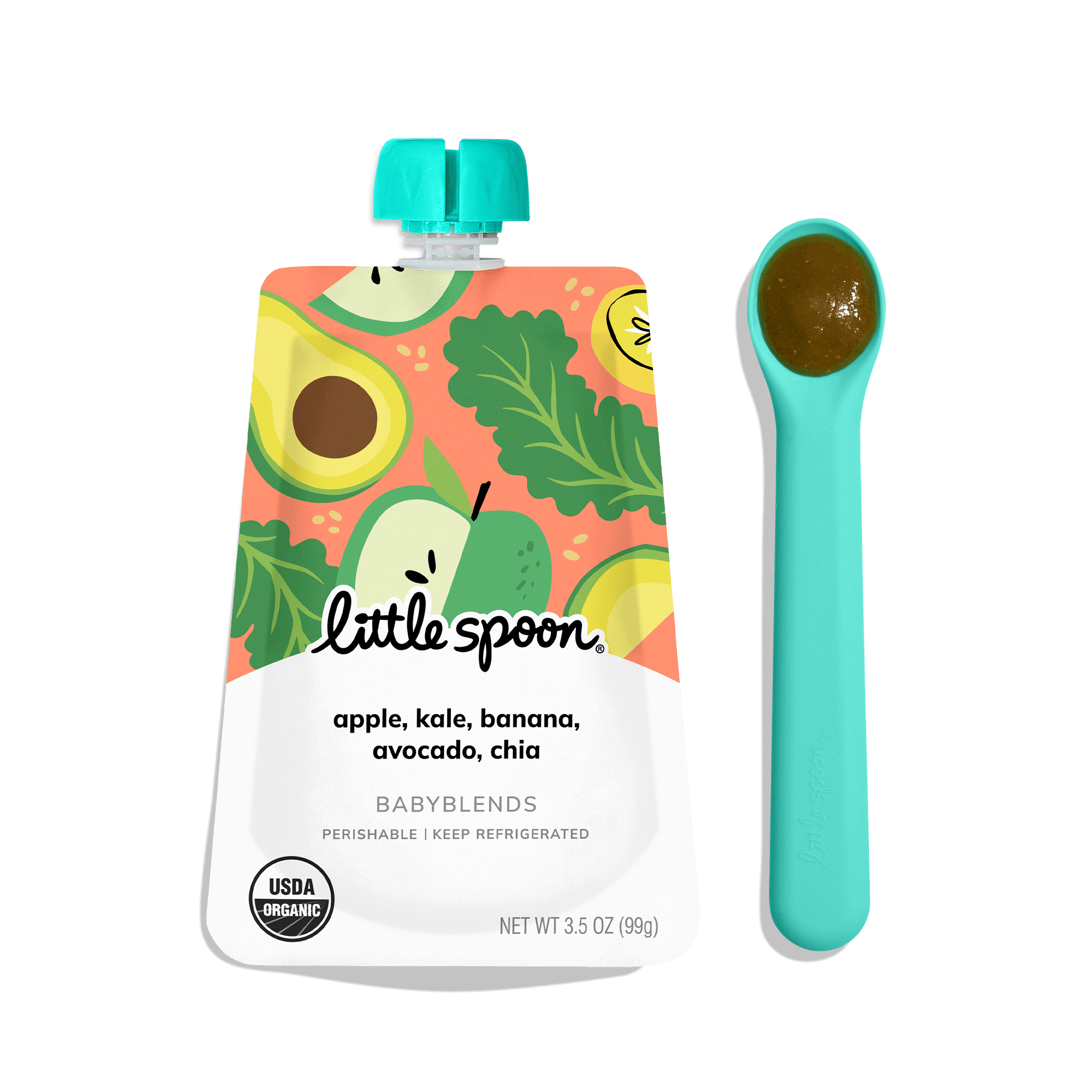 Little Spoon Apple, Kale, Banana, Avocado, Chia Babyblend Pouch shown beside ergonomic blue spoon with olive green puree.