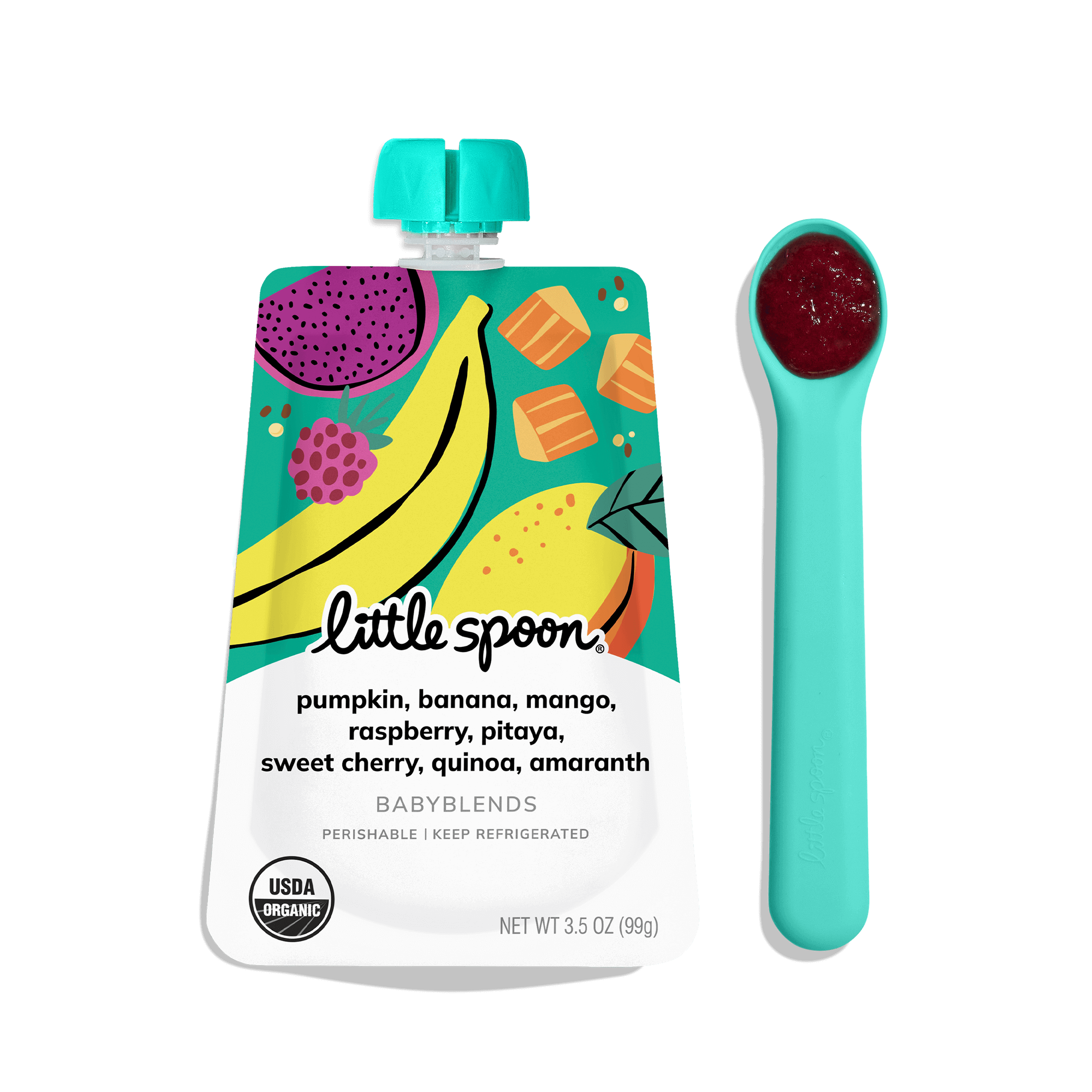 Little Spoon Babyblend Pouch shown beside ergonomically designed blue spoon with dark red puree.