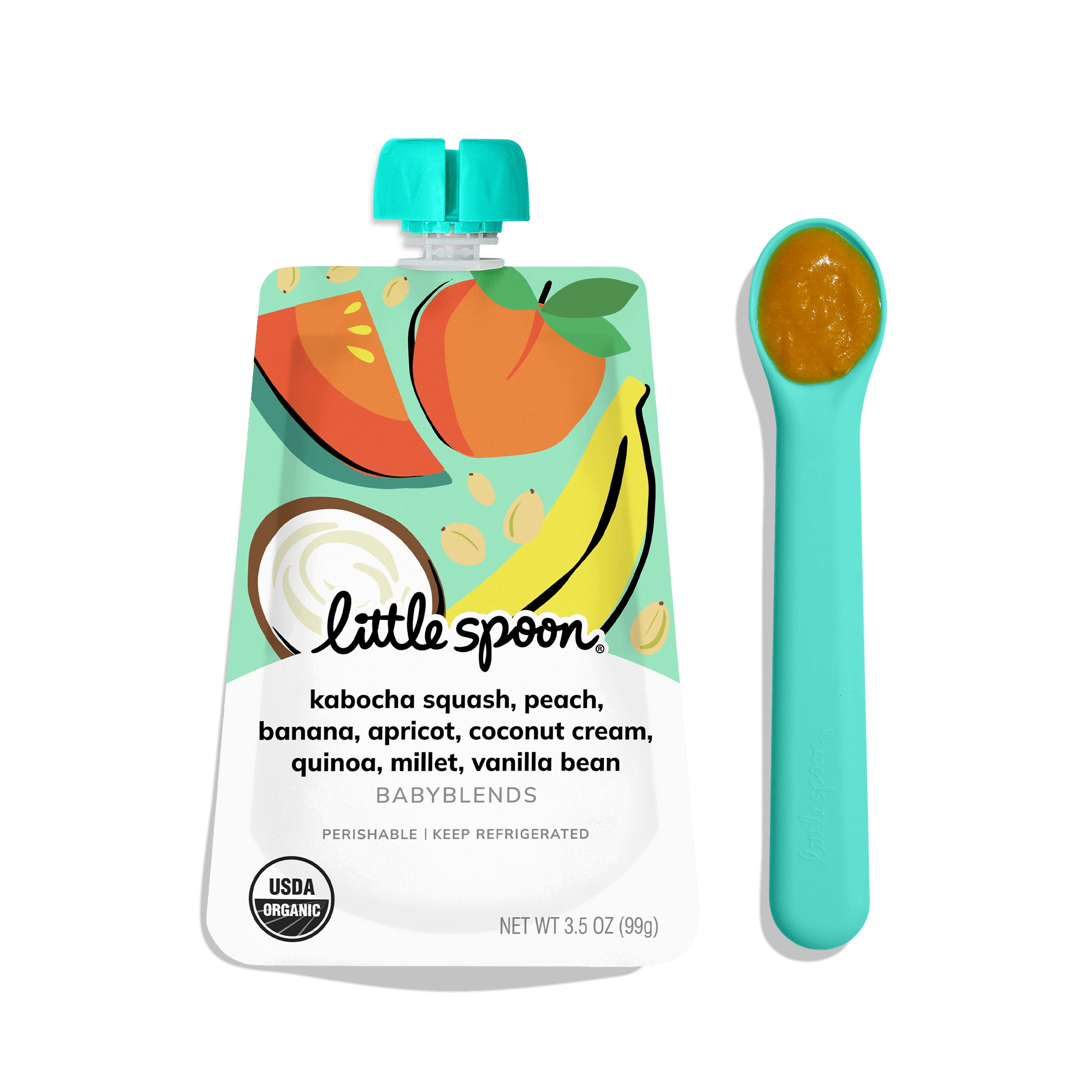 Little Spoon Babyblend Pouch shown beside ergonomically designed blue spoon with dark orange puree.