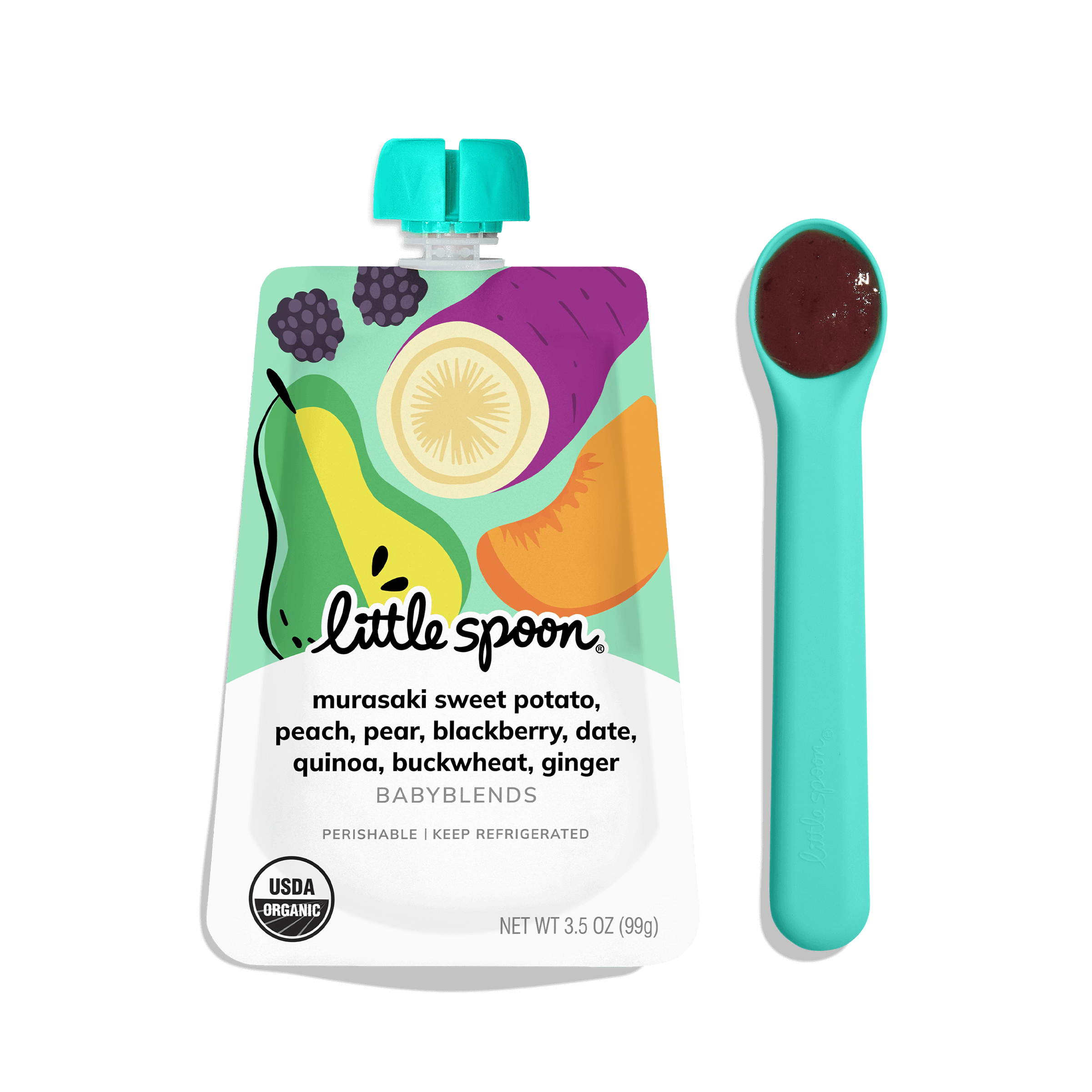 Little Spoon Babyblend Pouch shown beside ergonomically designed blue spoon with dark red puree.